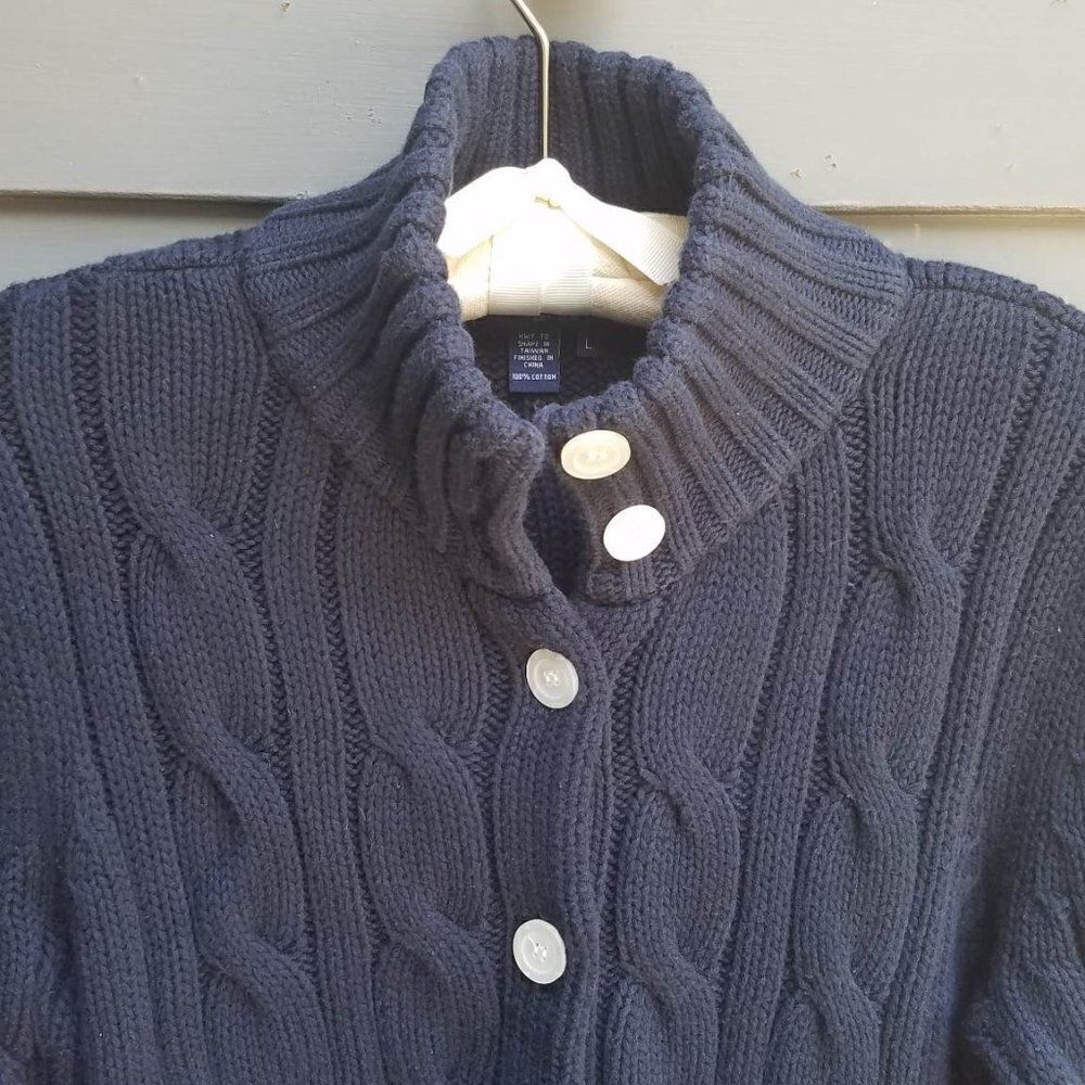 Chaps Navy Chunky Cable Knit Cardigan Sweater with White Buttons Size Large - Picture 5 of 9